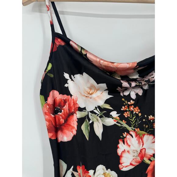 Bebe Satin Midi Slip Dress Floral Print Draped Cowl Neck Spaghetti Strap Black - Picture 5 of 10